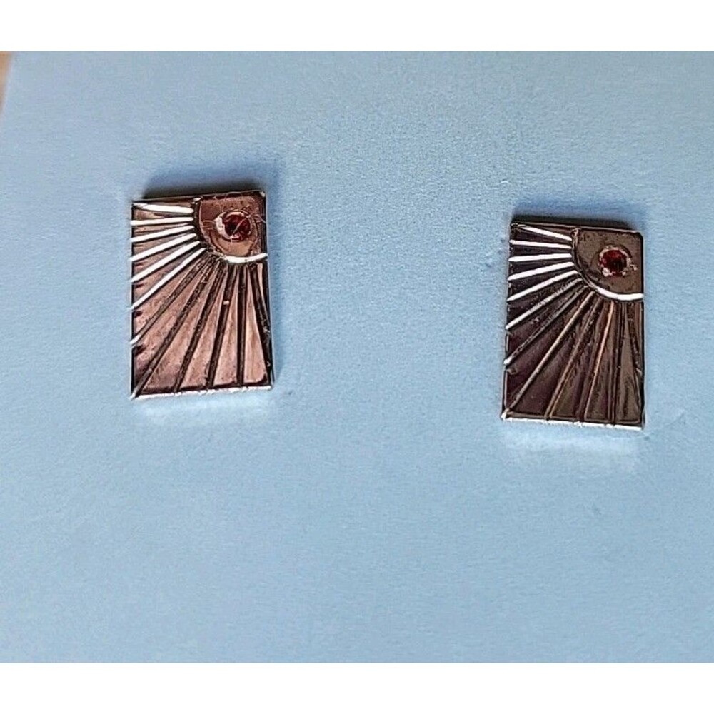 Vintage Sunburst Cufflinks Silver Tone W/Red Jewel